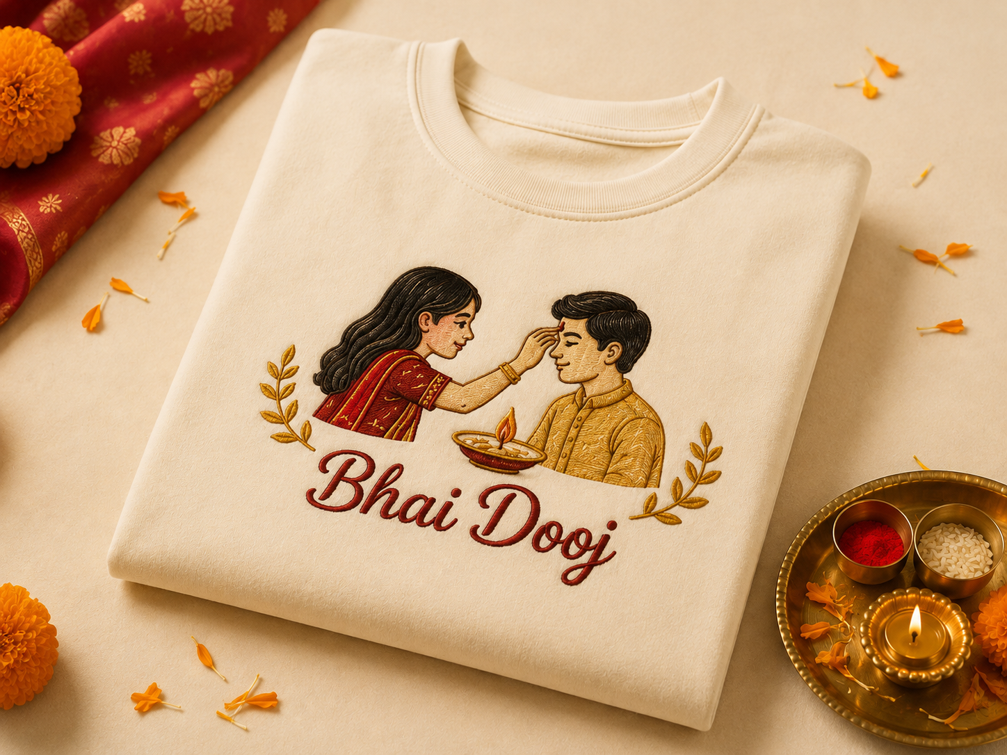 Bhai Dooj embroidered tee with brother-sister tilak motif on cream