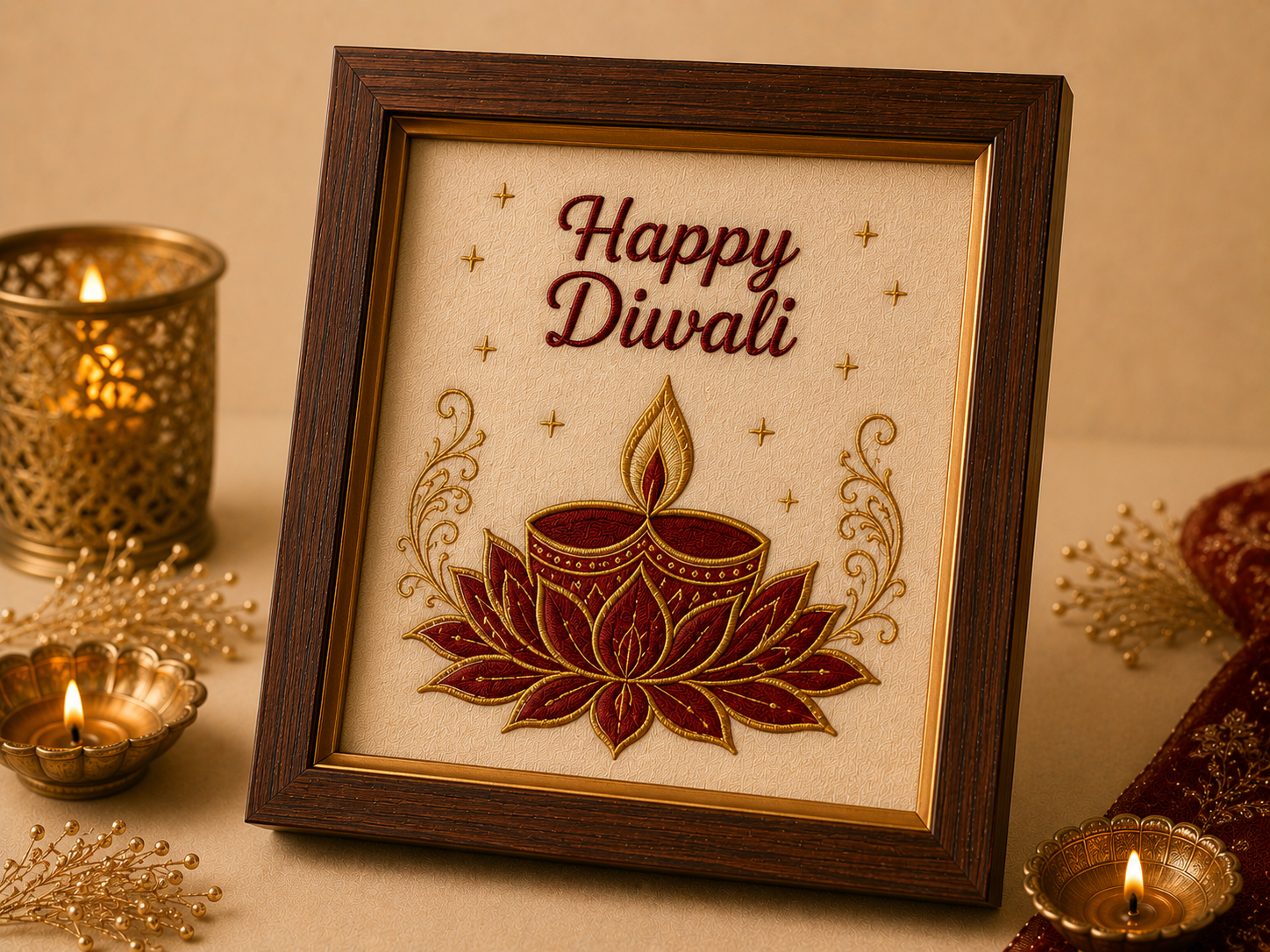 Diwali embroidered shadow-box frame with Happy Diwali diya-and-lotus motif