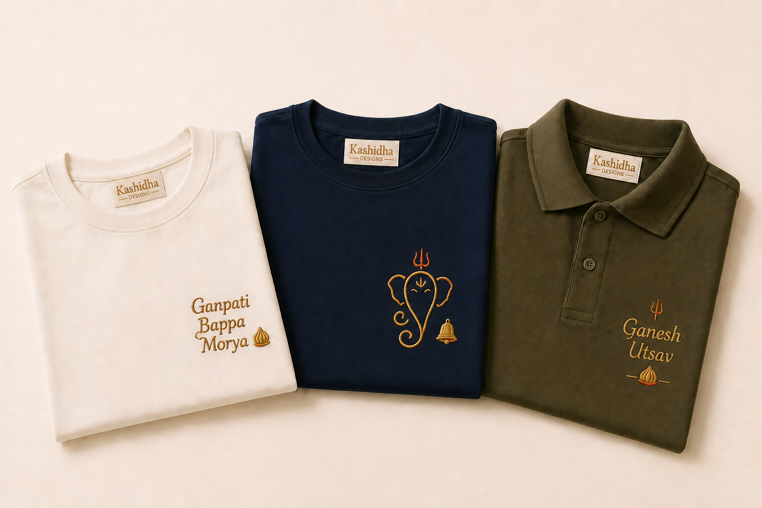 Ganesh Chaturthi embroidered festive tees and polos folded on cream