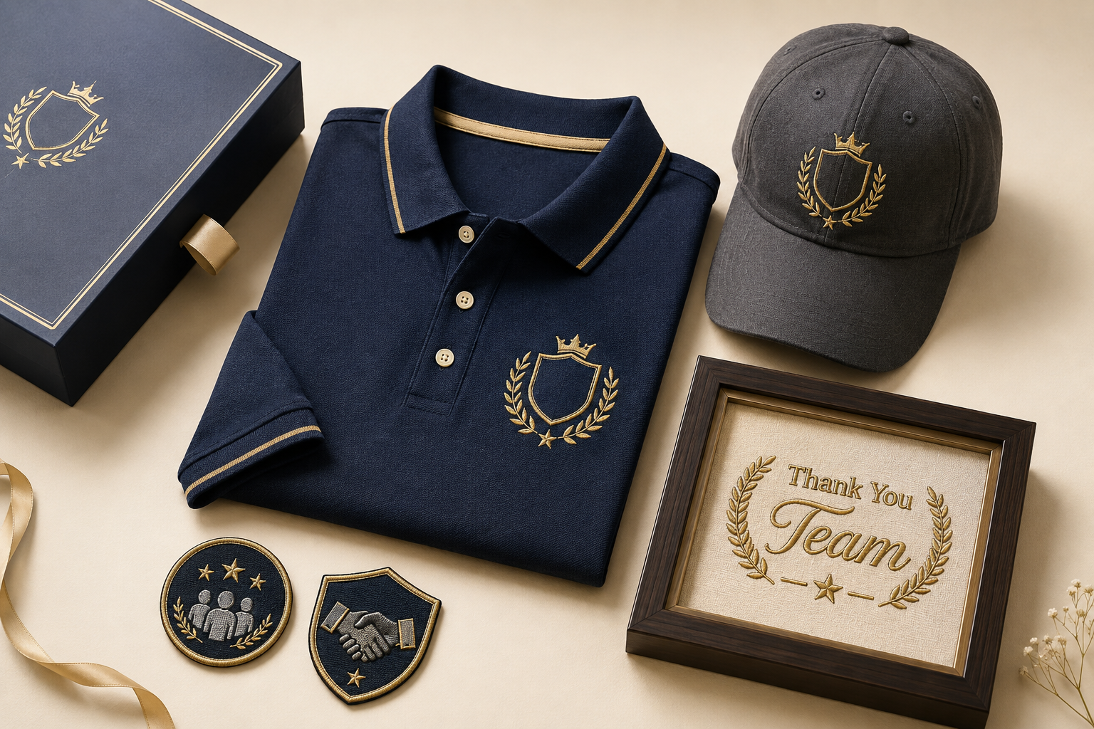 Corporate gifting embroidered collection with logo polo, cap, Thank You Team frame, and patches on cream