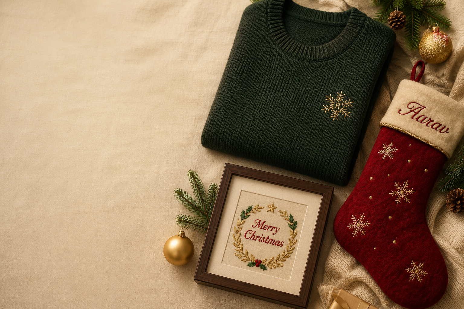 Flat-lay of personalized embroidered Christmas gifts in red, green and gold on cream linen