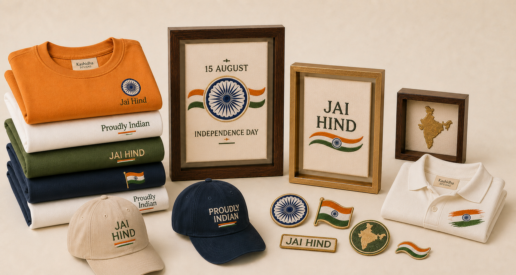 Independence Day embroidered products with folded tees, caps, patches, and commemorative frames