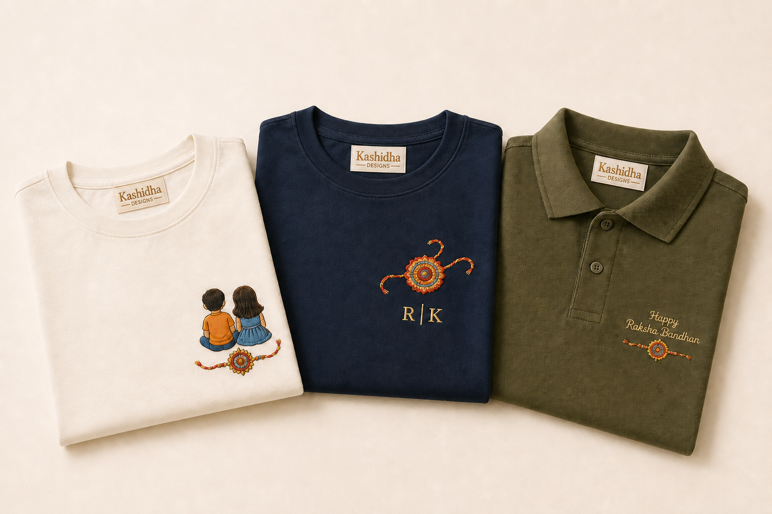 Embroidered Rakhi polo and tee with neck-tag detail folded on cream