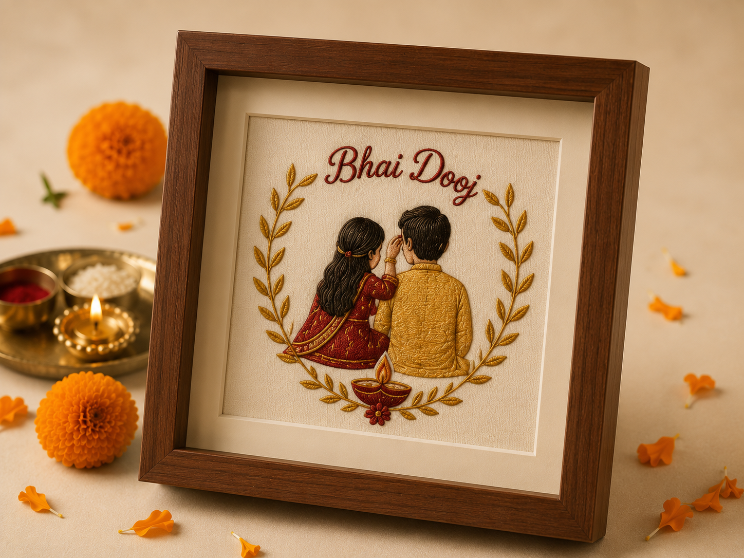 Bhai Dooj embroidered shadow-box frame with sibling-bond motif