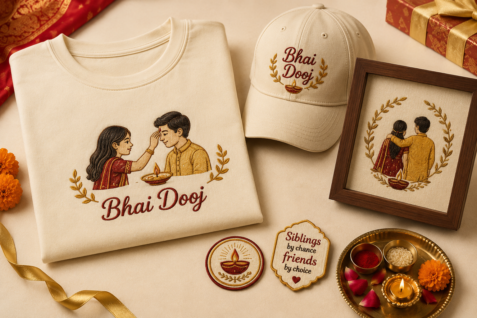 Bhai Dooj embroidered gift collection with tee, cap, sibling keepsake frame, and patches on cream