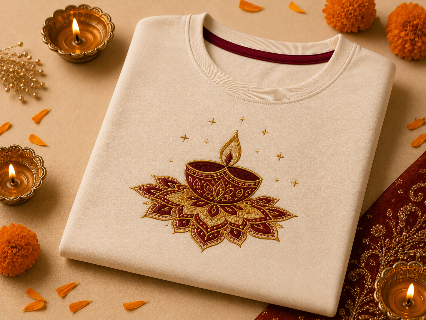 Diwali embroidered tee with diya and rangoli motif on cream