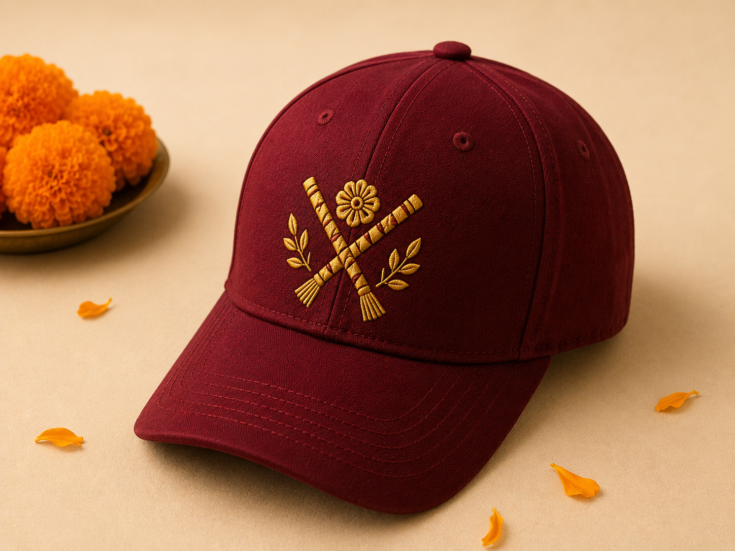 Navratri embroidered maroon cap with dandiya-and-marigold emblem
