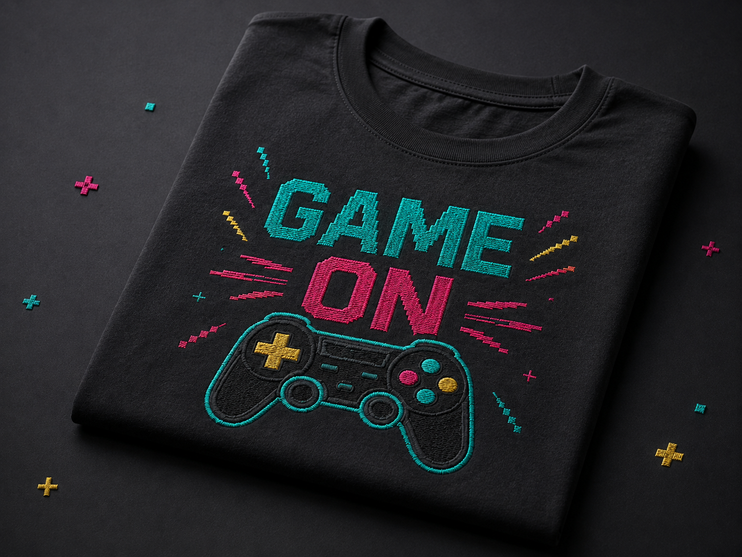 Embroidered gaming tee with neon Game On controller motif on charcoal