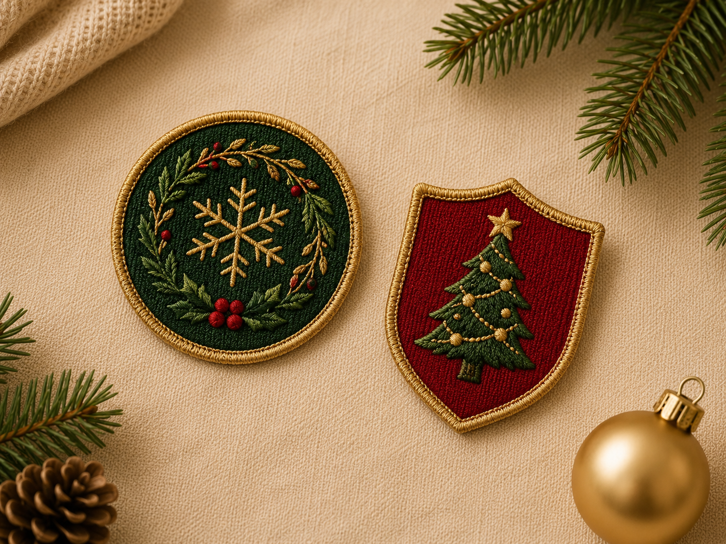 Round snowflake and shield Christmas-tree embroidered patches in green, red and gold
