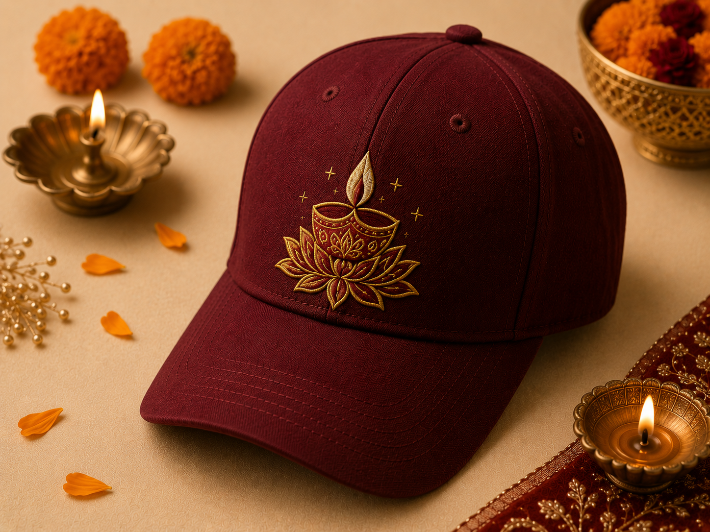 Diwali embroidered maroon cap with diya-and-lotus emblem