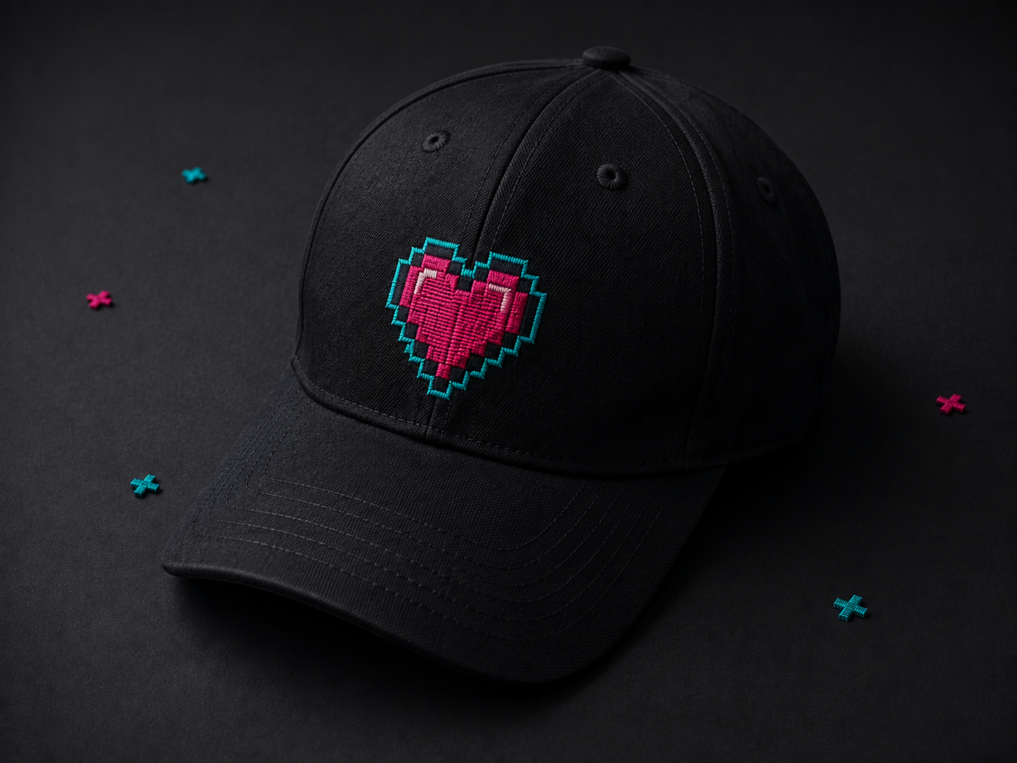 Embroidered gaming cap with neon pixel-heart emblem on charcoal