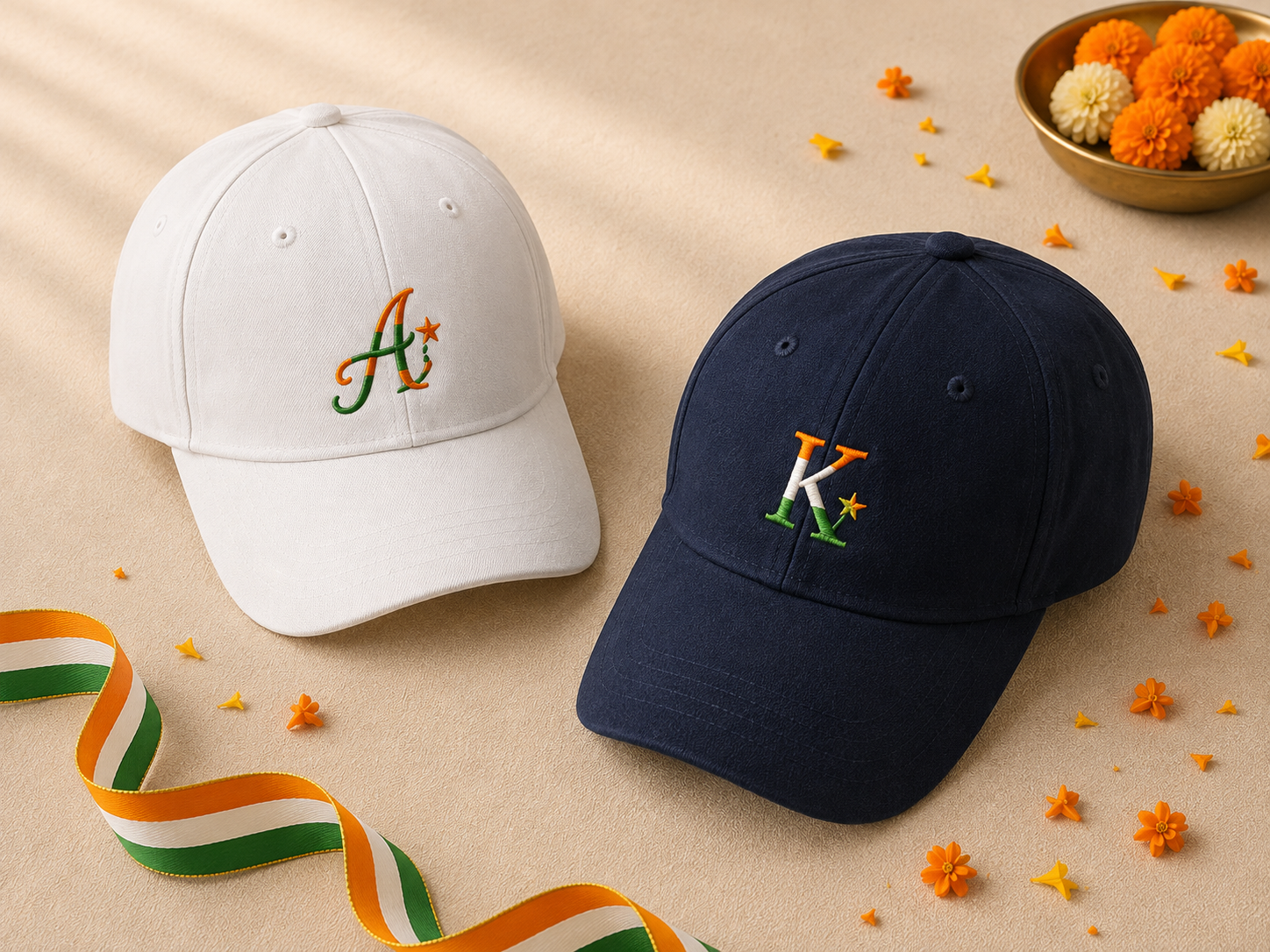 White and navy caps with tricolour embroidered initials on cream linen