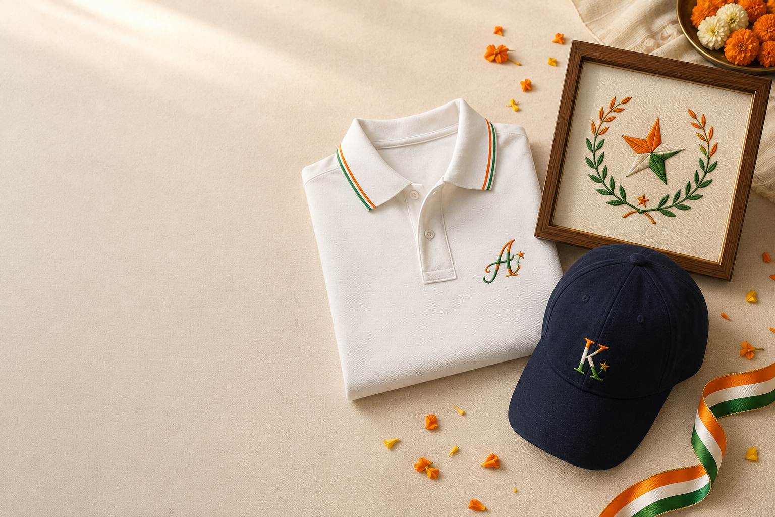 Flat-lay of personalized embroidered Republic Day gifts in tricolour tones on cream linen
