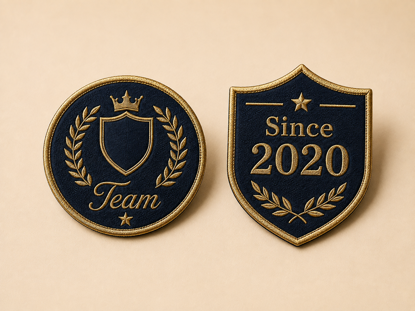 Corporate navy and gold embroidered patches on cream