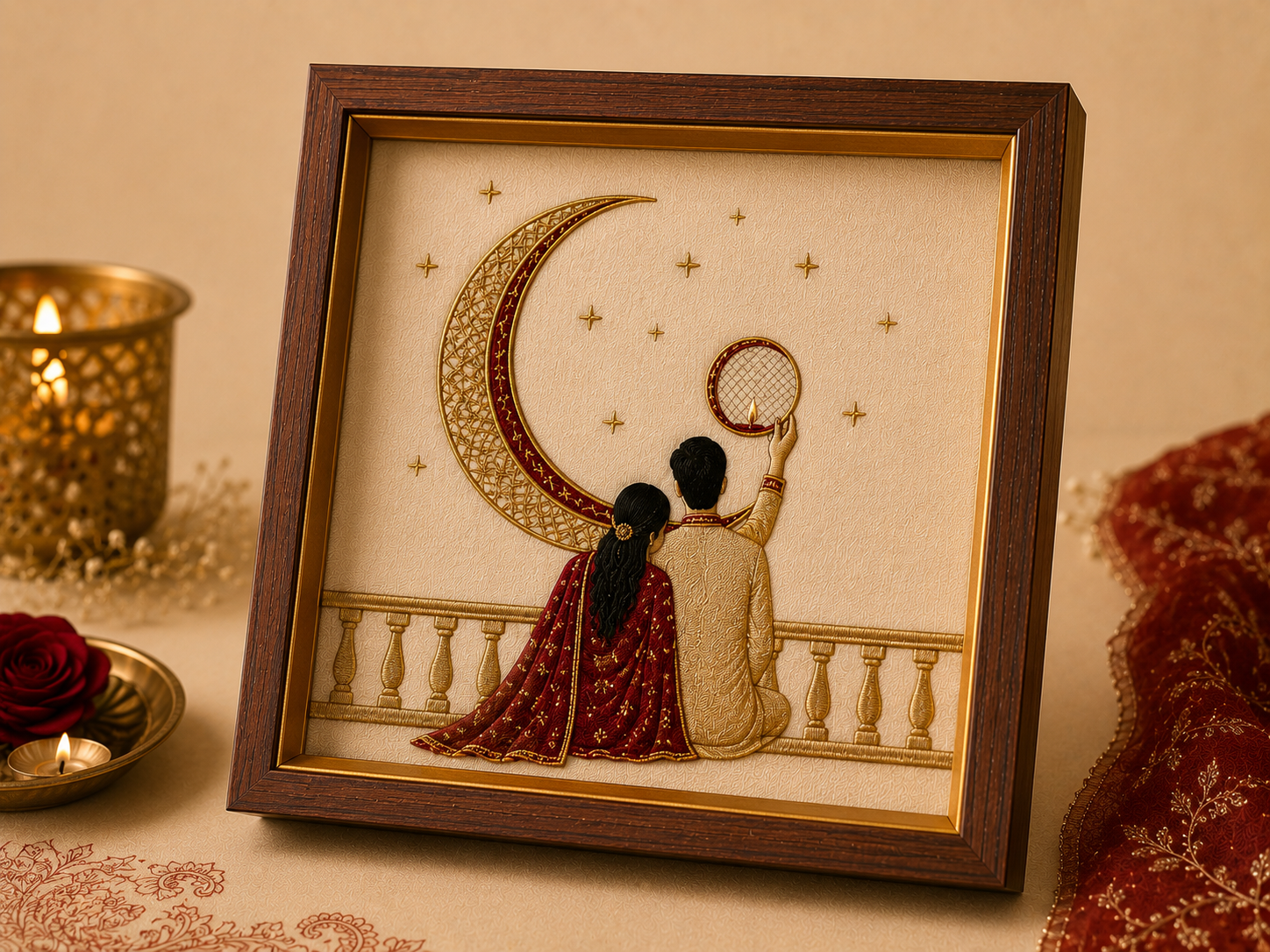 Karva Chauth embroidered shadow-box frame with crescent moon and couple motif