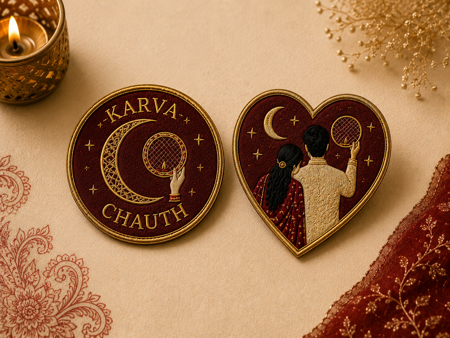 Karva Chauth embroidered patches with moon-and-sieve and couple motif