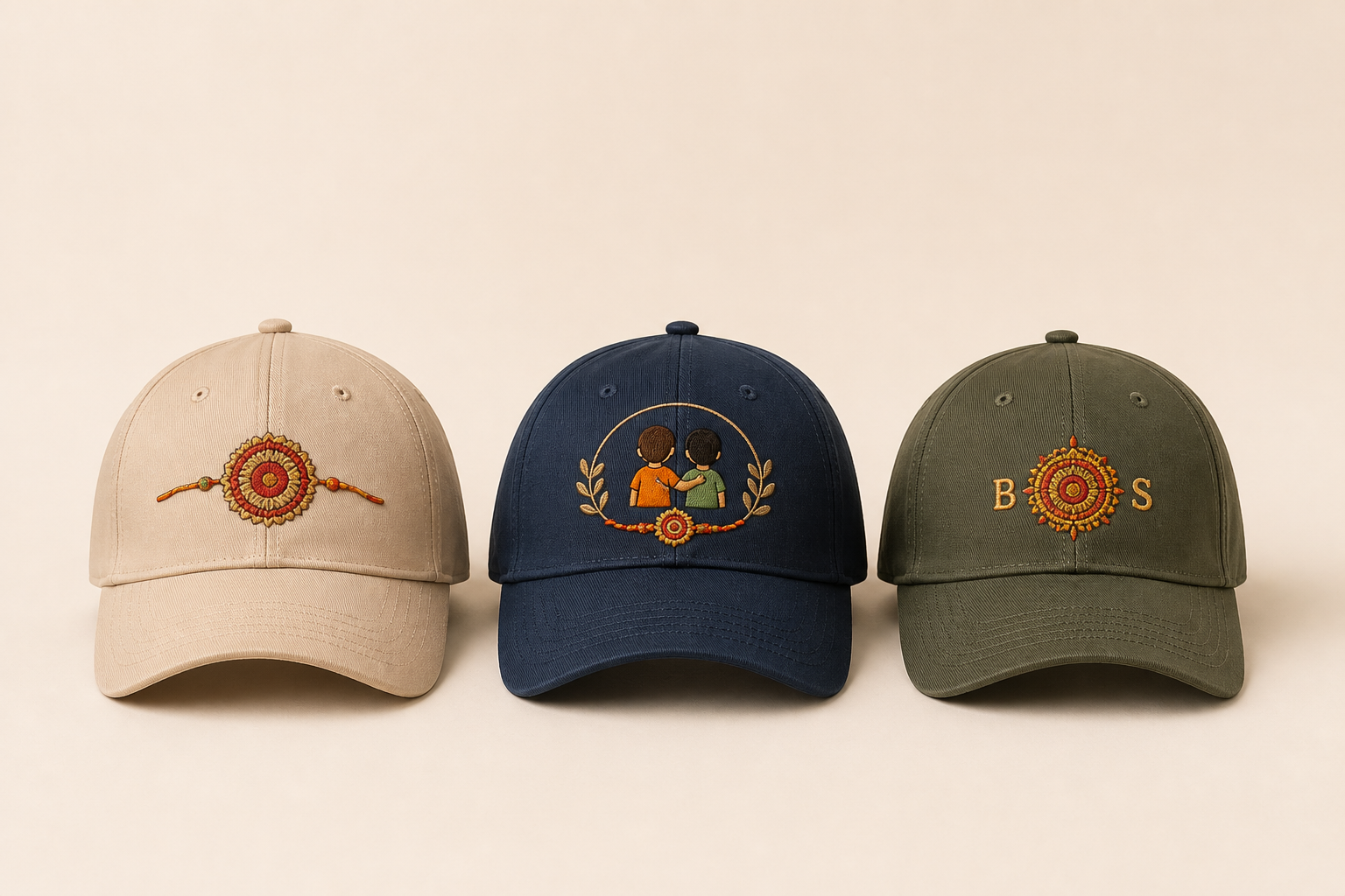 Embroidered Rakhi caps with sibling-inspired personalization