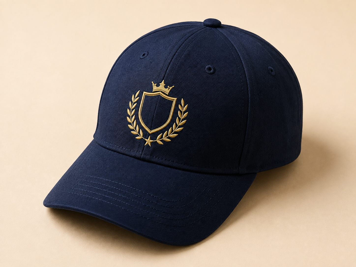 Corporate embroidered navy cap with gold crest emblem on cream