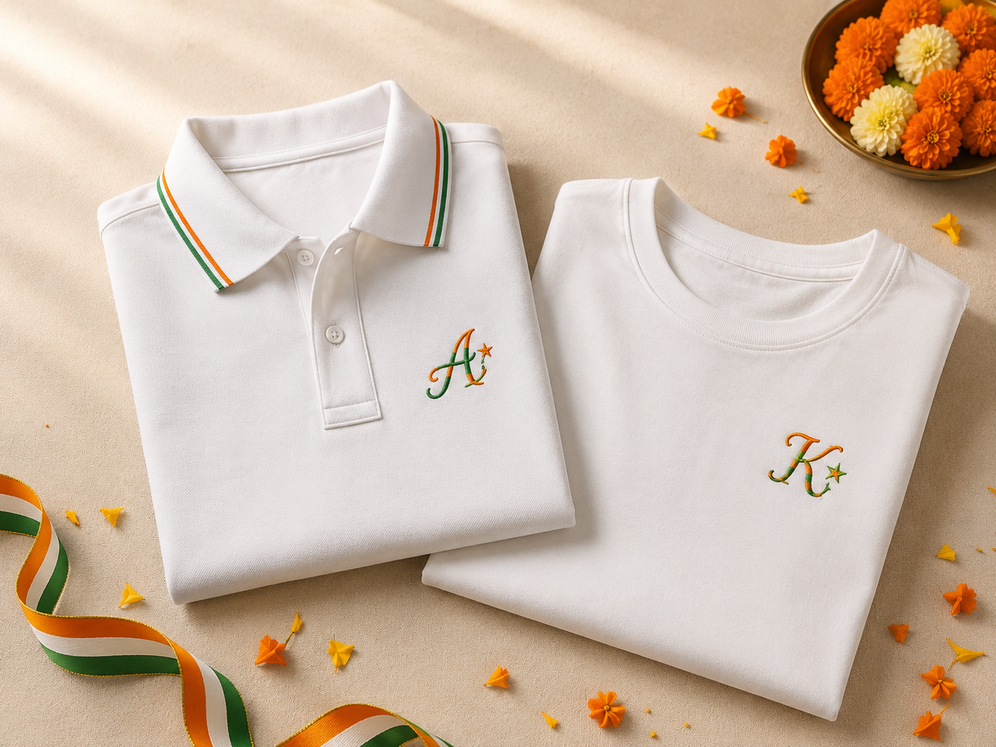 White polo and t-shirt with tricolour embroidered monograms on cream linen