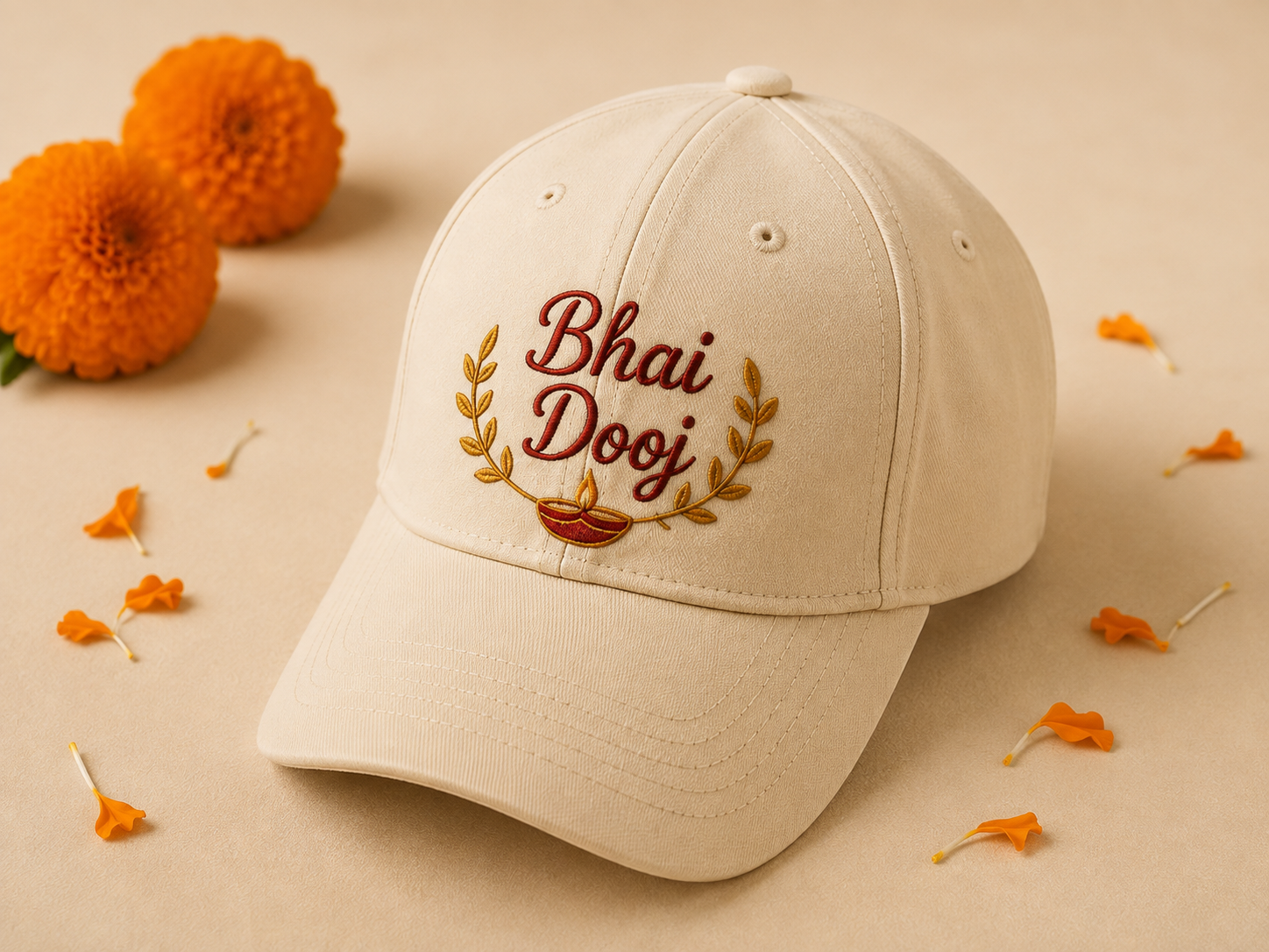 Bhai Dooj embroidered cream cap with diya-and-tilak emblem
