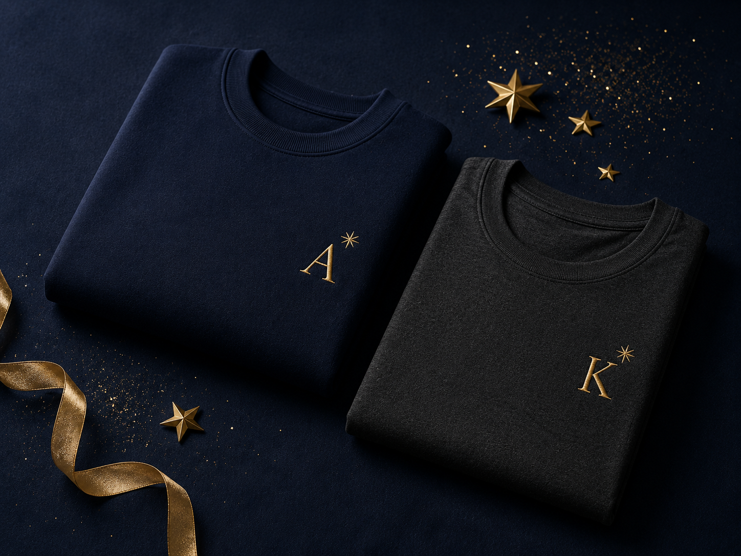 Navy and charcoal sweatshirts with gold initial monograms on midnight linen