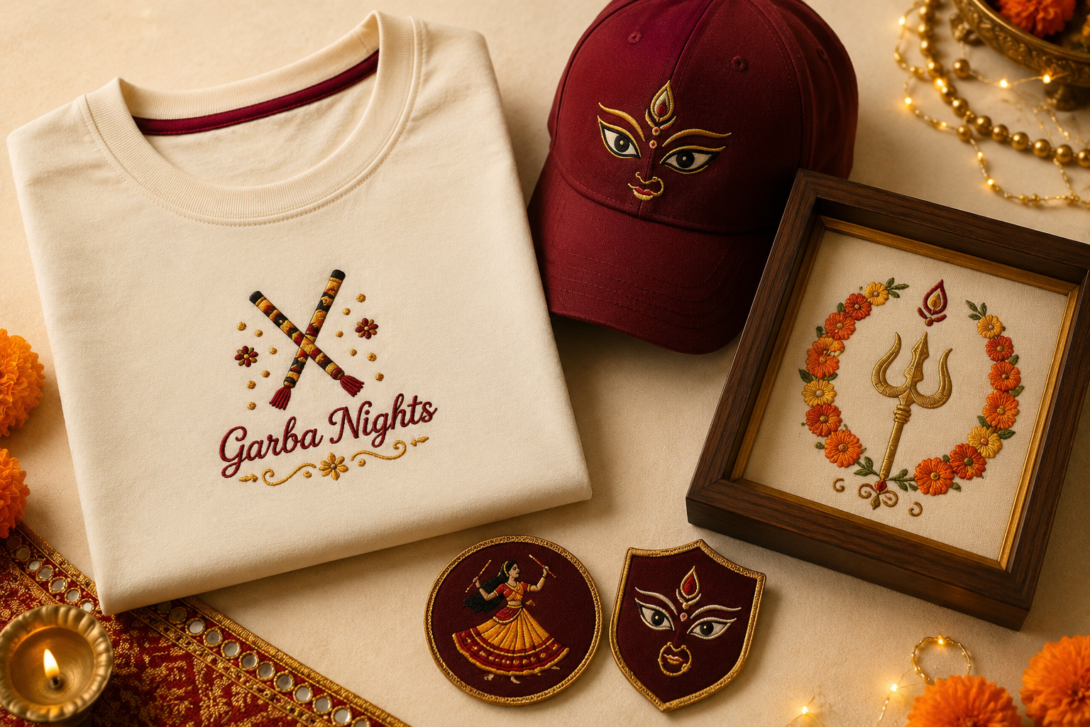 Navratri and Durga Puja embroidered gift collection with tee, cap, keepsake frame, and festive patches on cream