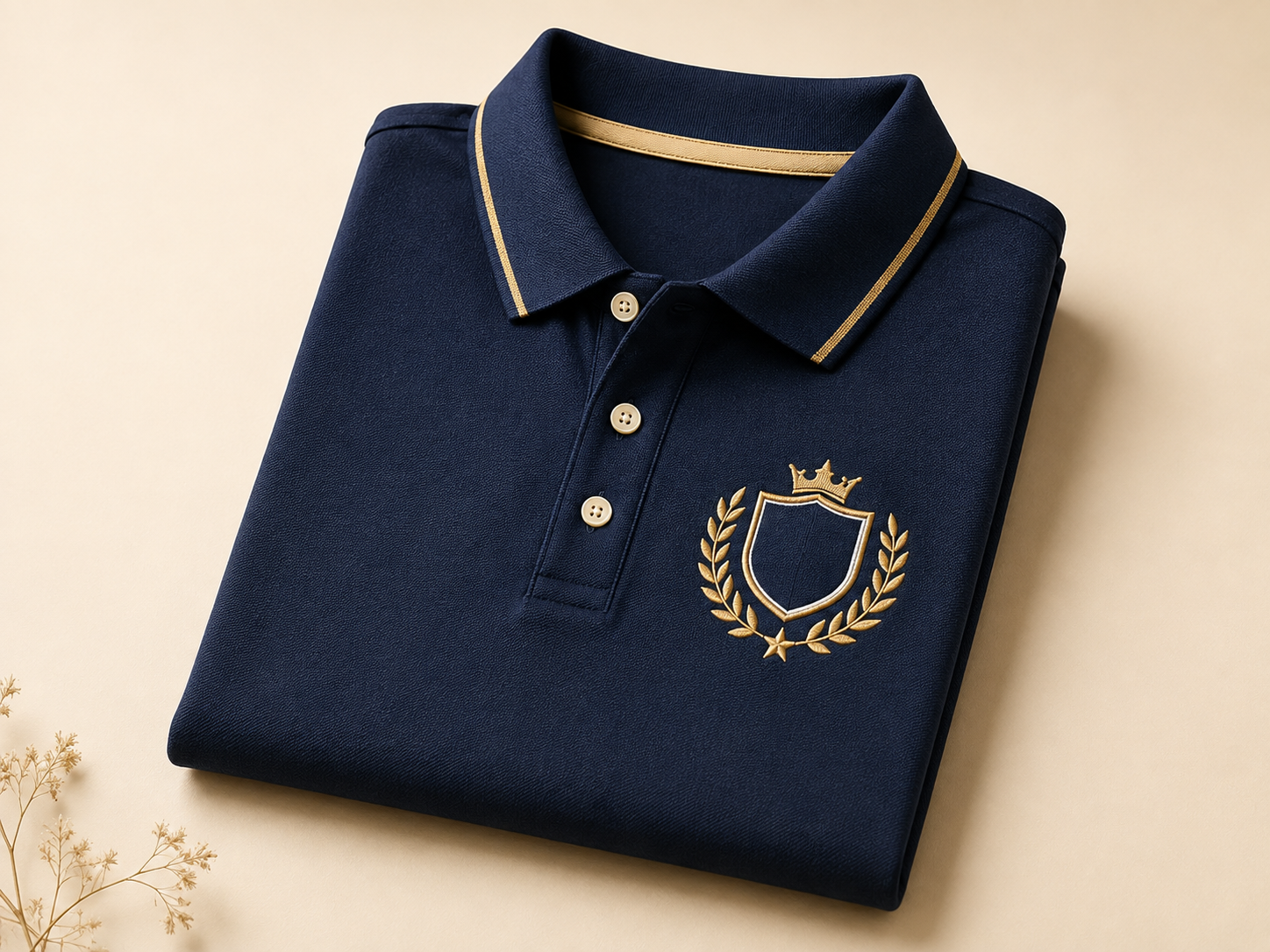 Corporate embroidered navy polo with gold laurel crest on cream