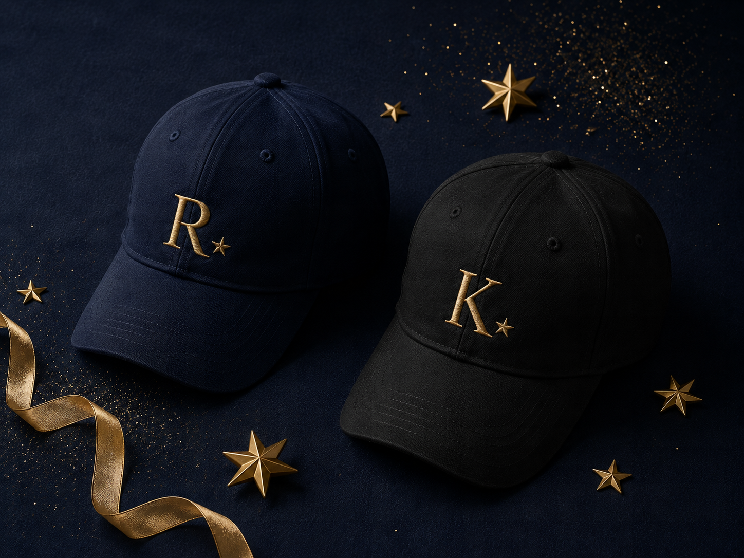 Navy and black embroidered caps with gold initials on midnight linen