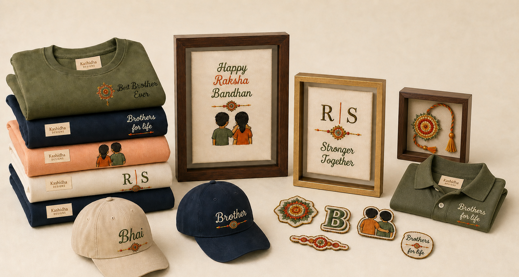 Studio-style Rakhi gift collection with embroidered polos, caps, shadow-box frames, and patches on a clean cream background