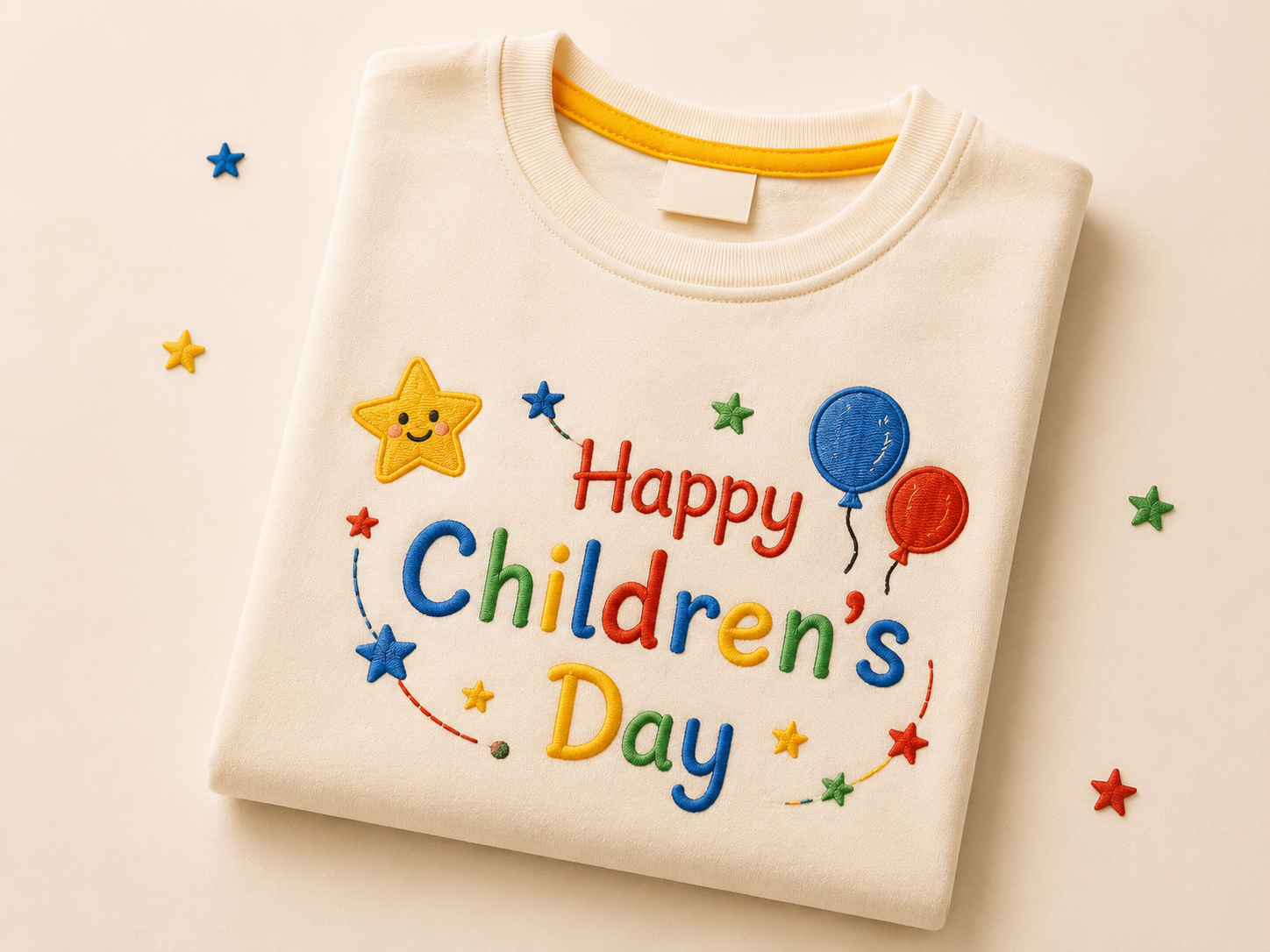 Children’s Day embroidered kids tee with Happy Children’s Day star-and-balloon motif