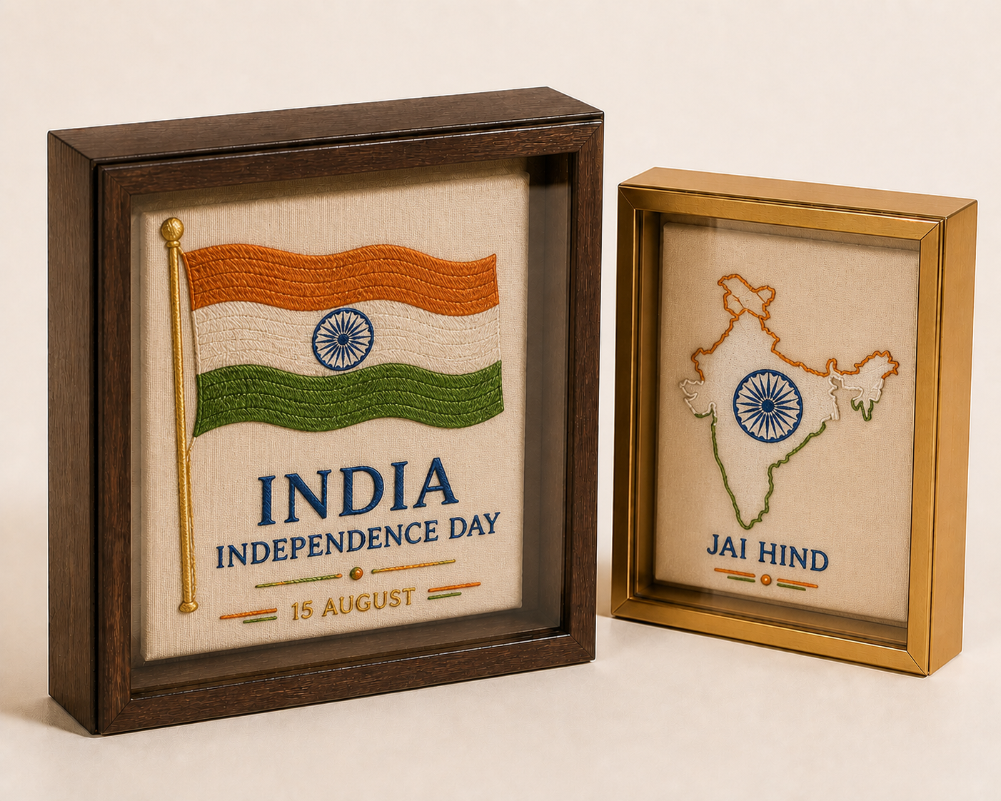 Independence Day commemorative embroidered frames with India flag and Jai Hind map