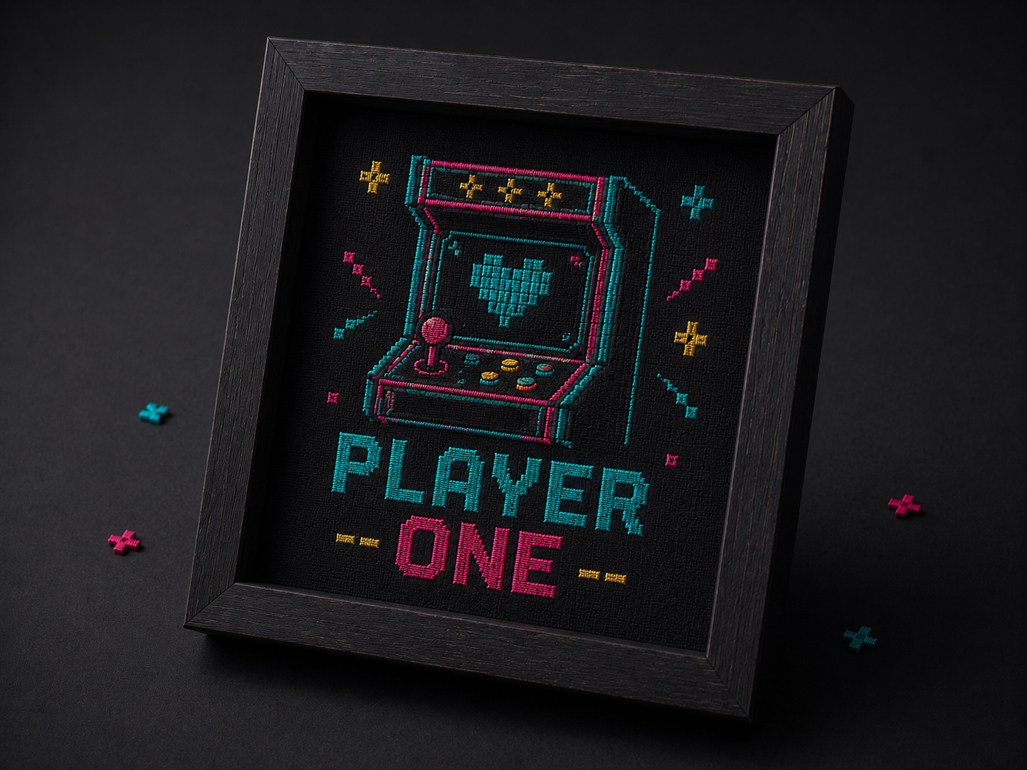 Embroidered gaming shadow-box frame with Player One arcade motif