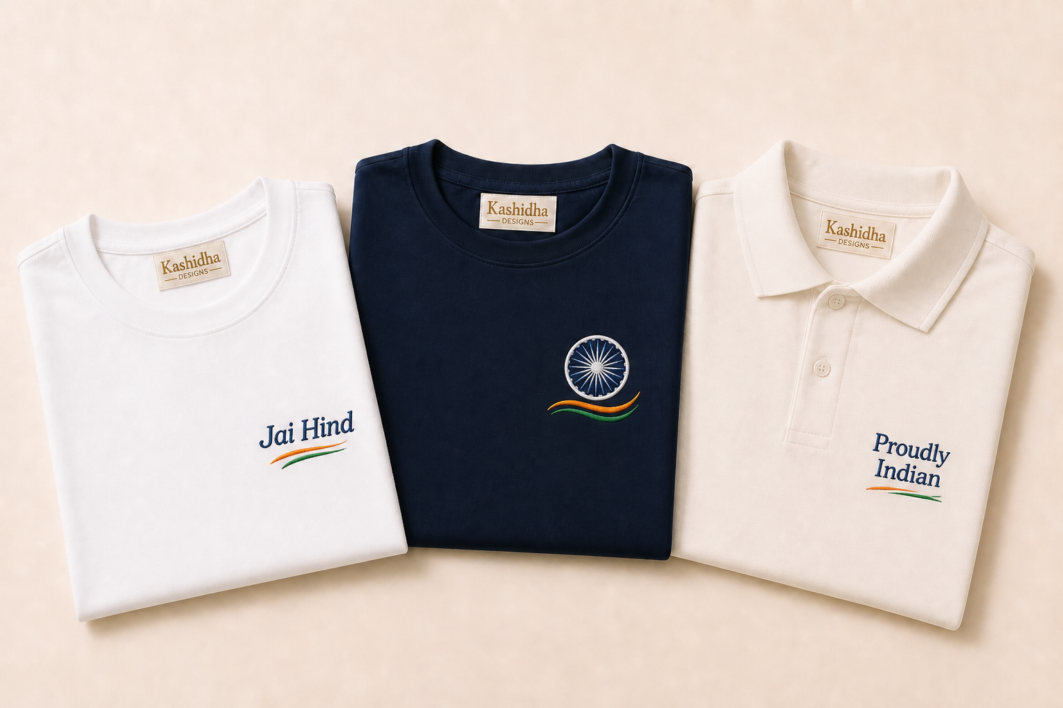 Independence Day embroidered tees and polos with Jai Hind and tricolour accents