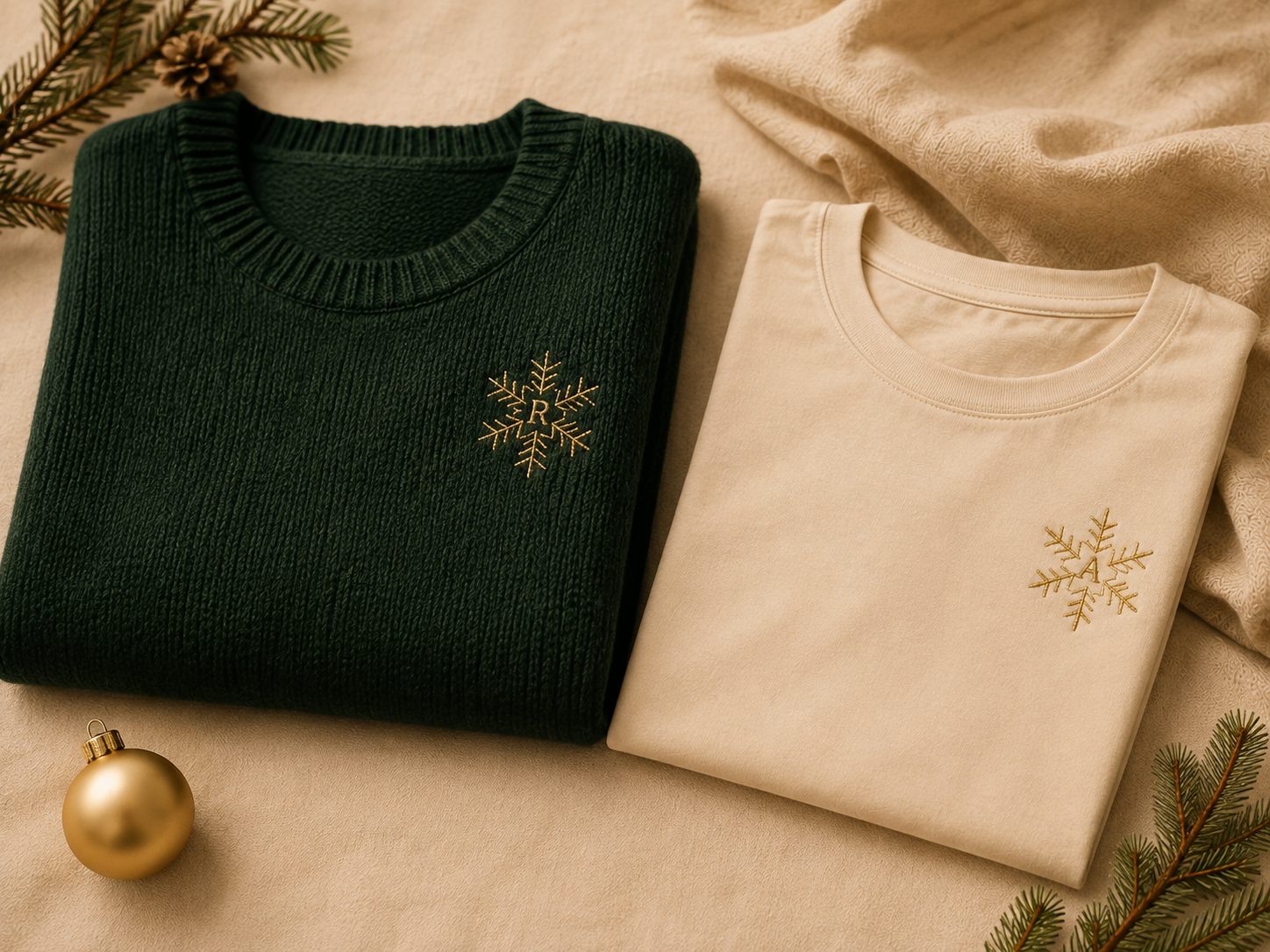 Deep green sweater and cream t-shirt with gold snowflake monograms on cream linen