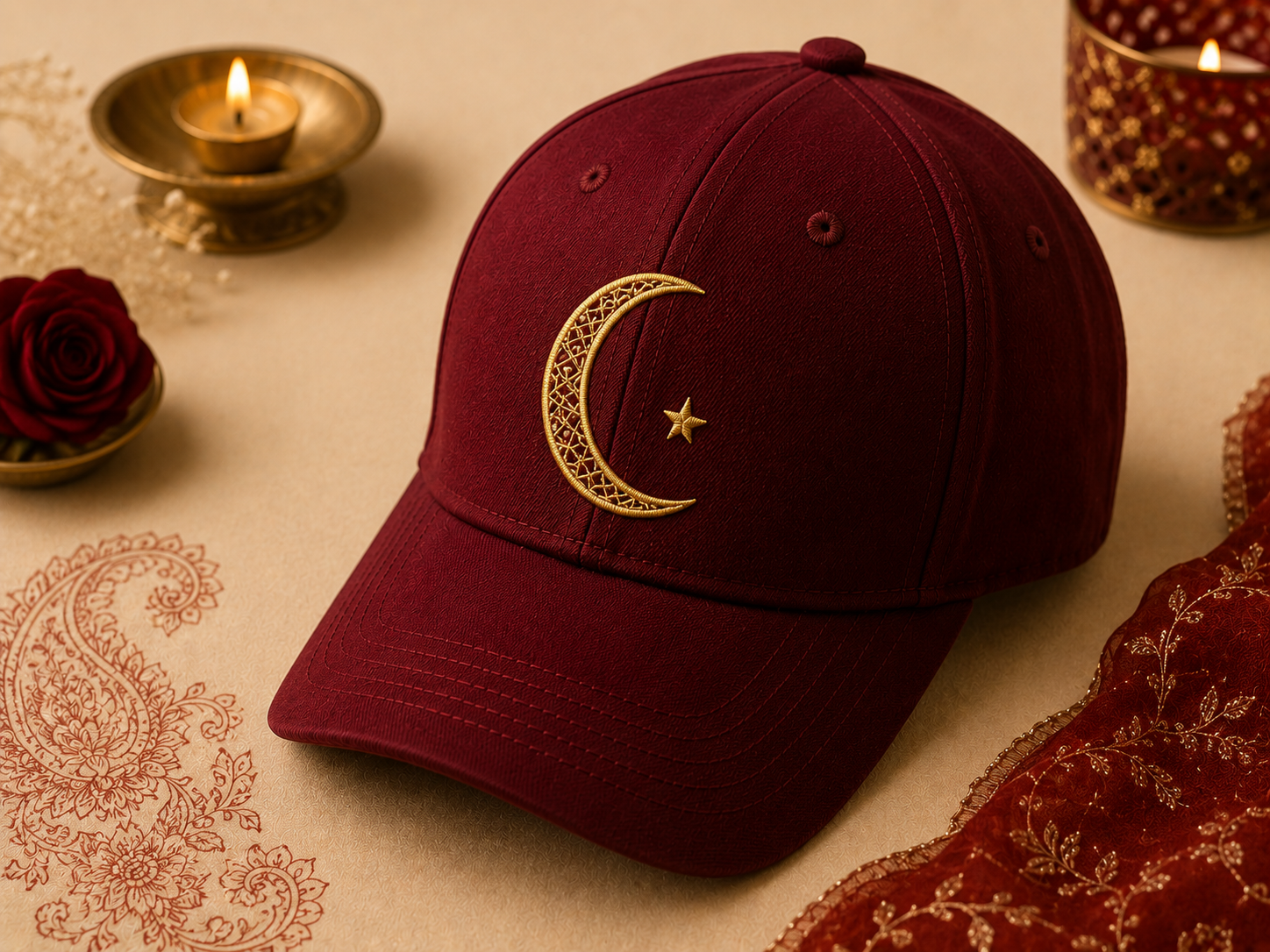 Karva Chauth embroidered maroon cap with crescent-moon-and-star emblem