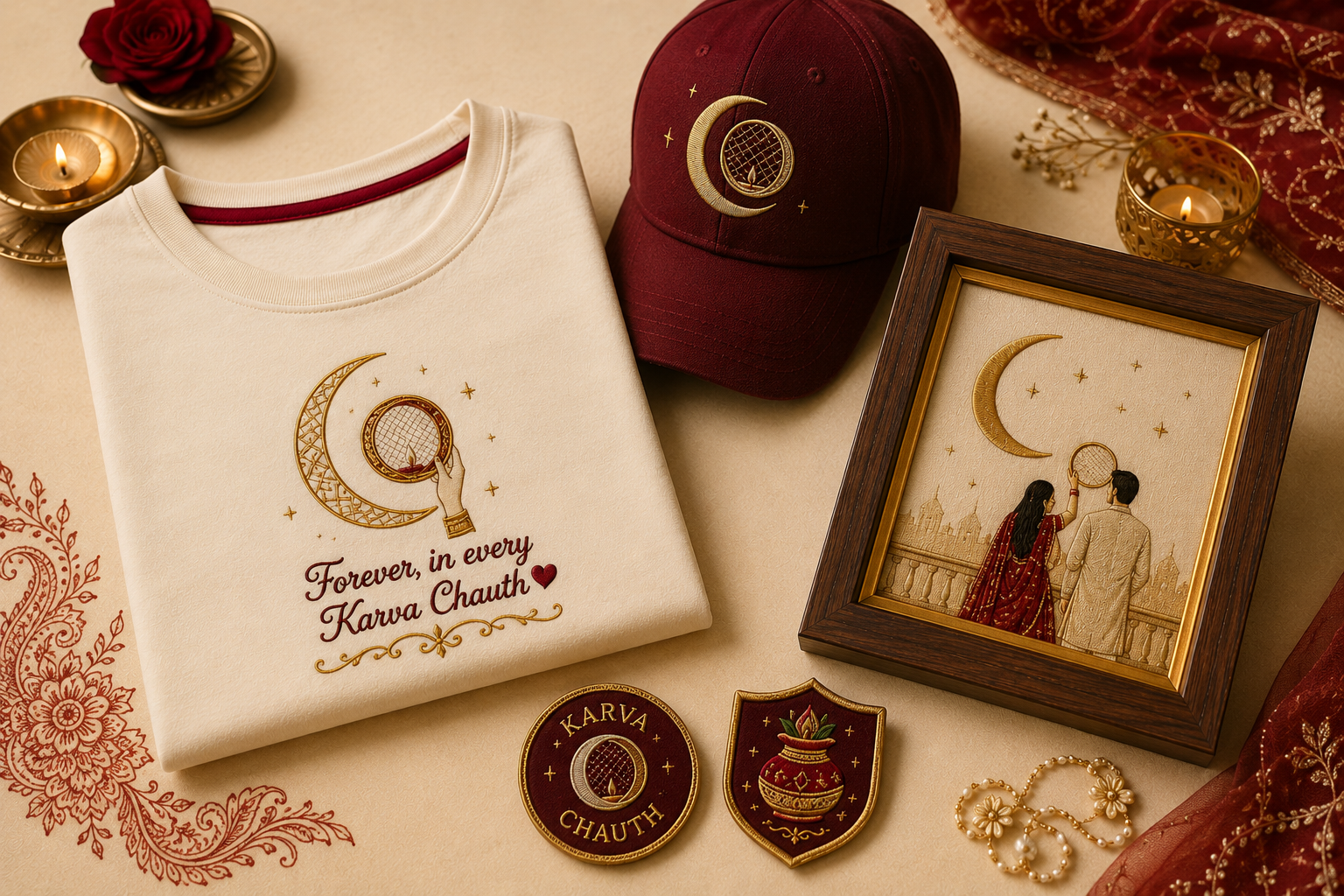 Karva Chauth embroidered gift collection with tee, cap, moon-and-couple keepsake frame, and patches on cream