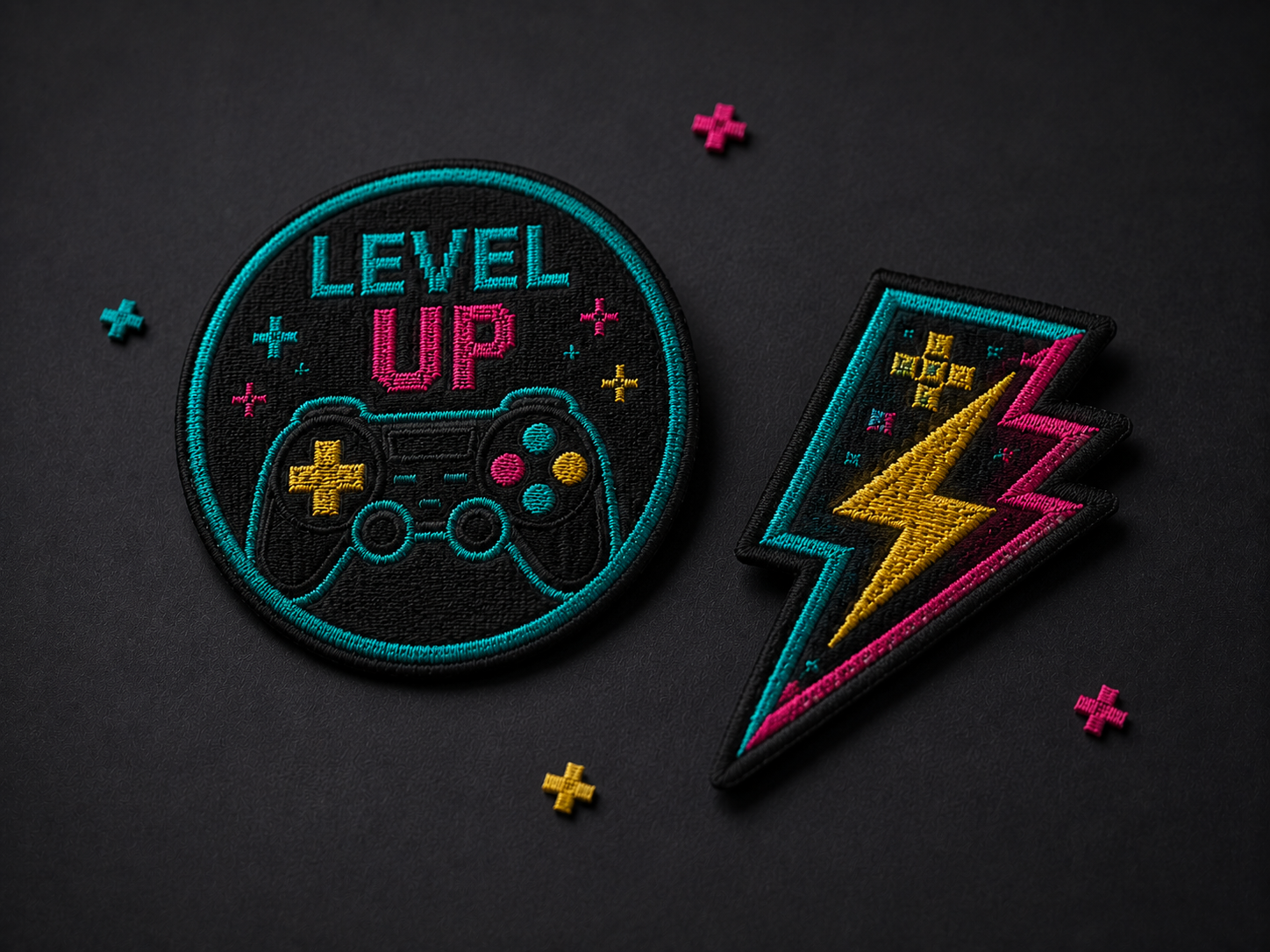 Embroidered gaming patches with Level Up controller and lightning bolt