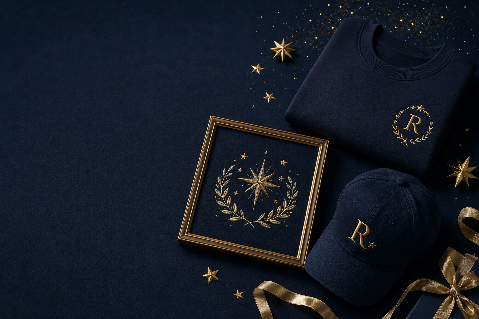 Flat-lay of personalized embroidered New Year gifts in navy and gold on midnight linen