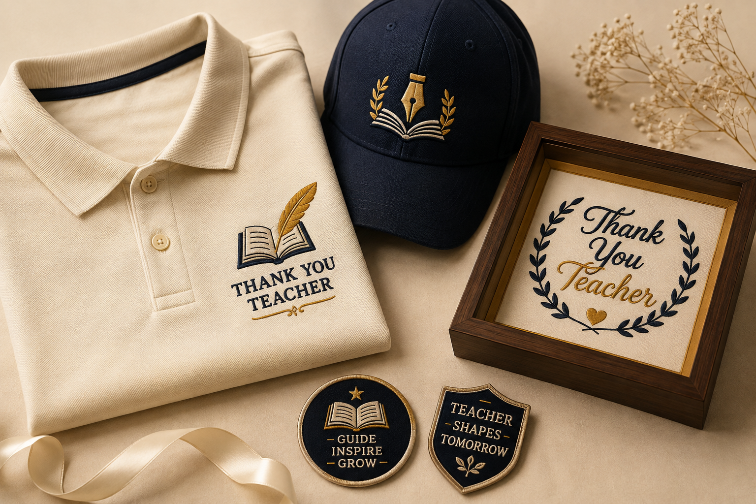 Teachers’ Day embroidered gift collection with polo, cap, Thank You Teacher frame, and appreciation patches on cream