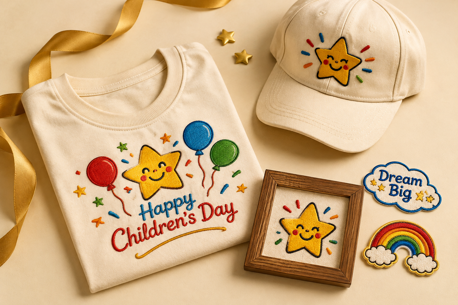 Children’s Day embroidered gift collection with kids tee, cap, keepsake frame, and playful patches on cream