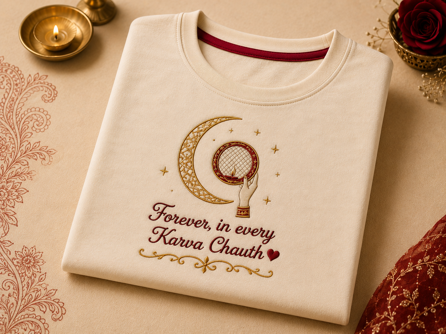 Karva Chauth embroidered tee with crescent moon and sieve motif on cream