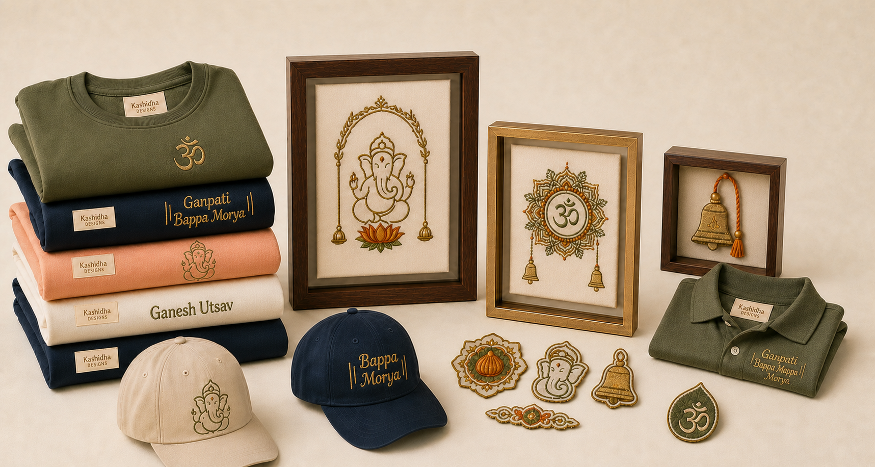 Ganesh Chaturthi embroidered gift collection with folded t-shirts, caps, patches, and shadow-box frames