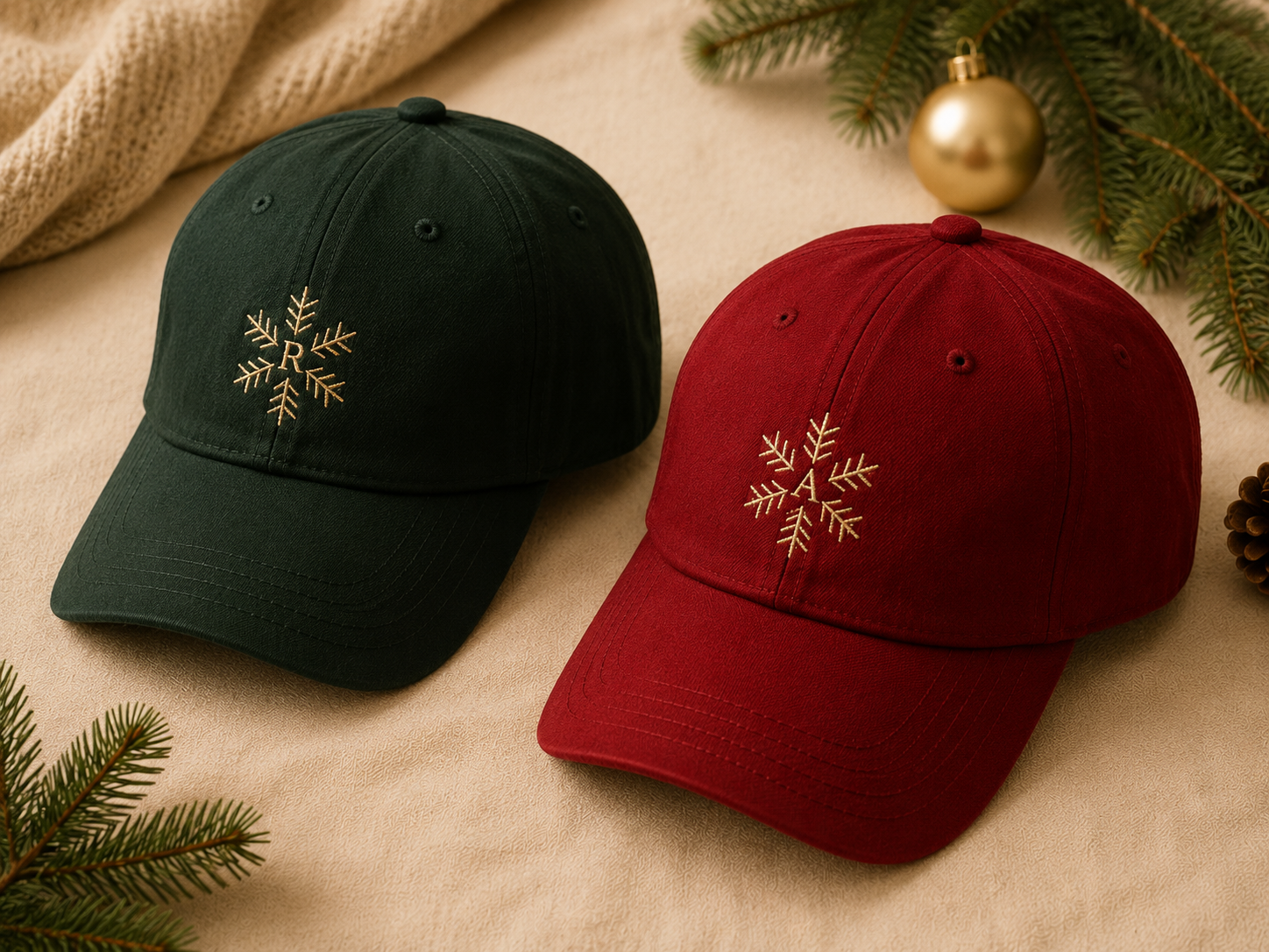 Green and red embroidered caps with gold snowflake monograms on cream linen