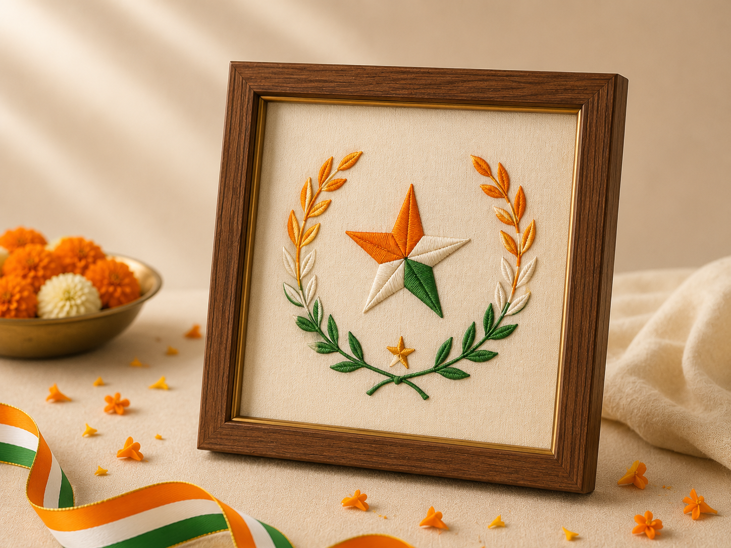 Framed embroidered tricolour star and laurel crest on cream linen