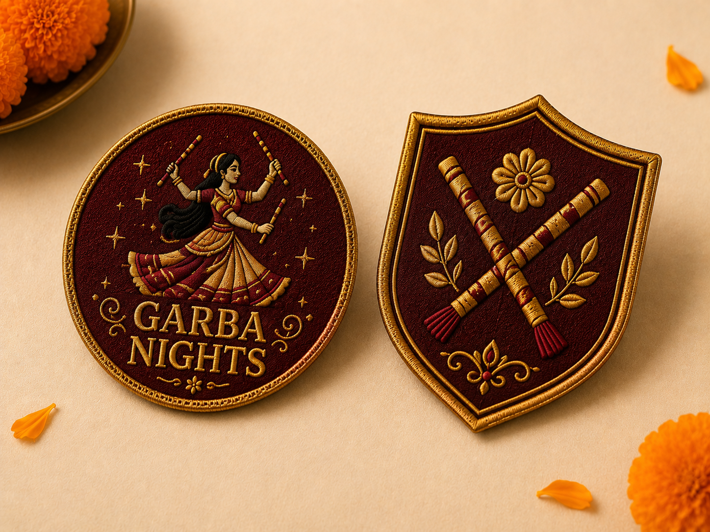 Navratri embroidered Garba Nights patches with dandiya and marigold