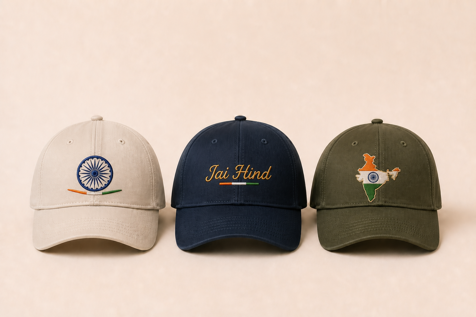 Independence Day embroidered caps with chakra and Jai Hind details