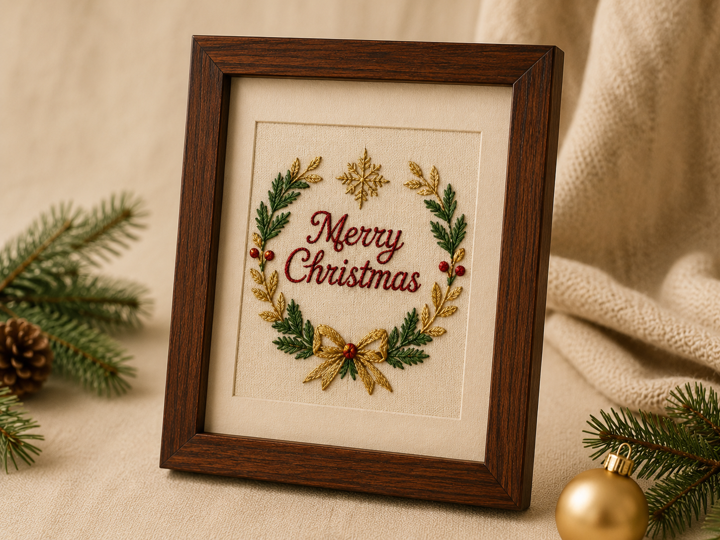 Framed embroidered Merry Christmas wreath in green, red and gold on cream