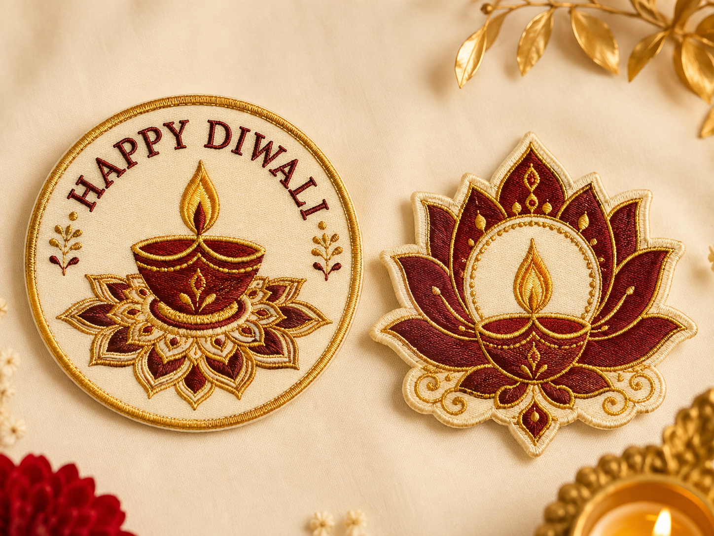 Diwali embroidered Happy Diwali patches with diya and lotus motif