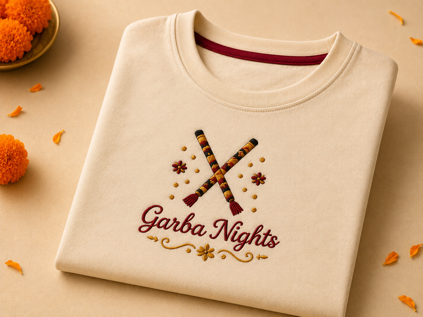 Navratri embroidered Garba Nights tee with dandiya motif on cream