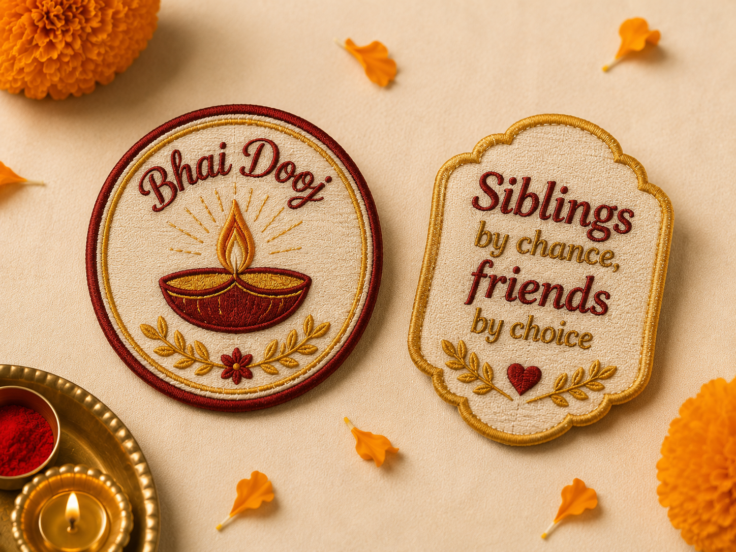 Bhai Dooj embroidered patches with diya-tilak and siblings motif